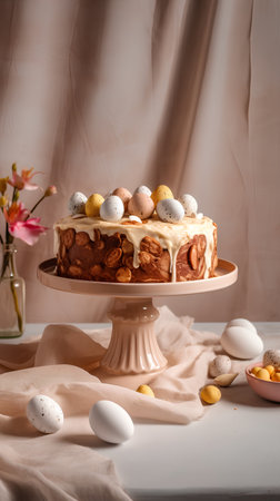 Easter cake with chocolate and eggs on a beige background.の素材