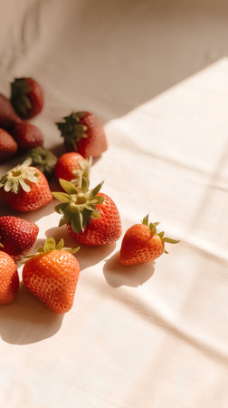 strawberries on white tablecloth in sunlight, closeup viewの素材