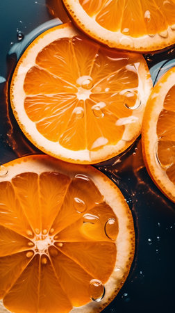 Slices of orange and water drops on a black background.の素材