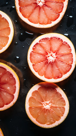 Fresh grapefruit slices on black background. Flat lay, top viewの素材