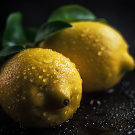 Lemons with water drops on a black background. Selective focus.の素材