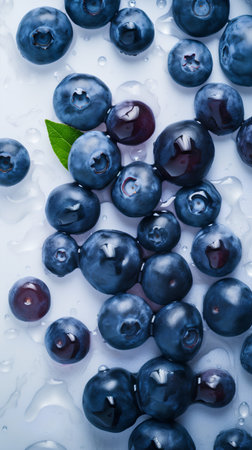 Blueberries with water drops on white background. Top view. Close up.の素材