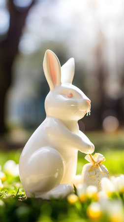 Easter bunny and easter eggs in the garden. Selective focus.の素材