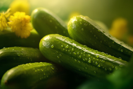 Fresh cucumbers with water drops on green background. Selective focus.の素材