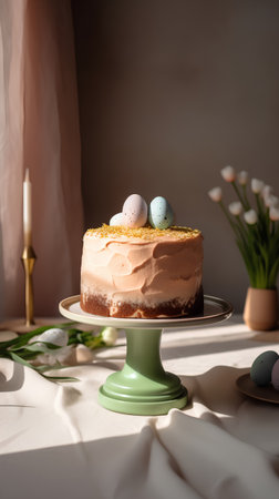 Easter cake with golden eggs and tulips on a light backgroundの素材