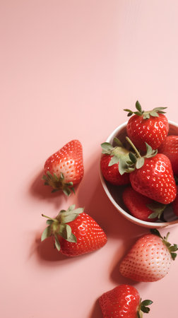 Strawberries in a bowl on a pink background. Flat lay, top view.の素材