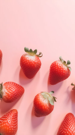 Creative layout made of fresh strawberries on pink background. Flat lay, top viewの素材
