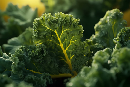 close up of fresh kale leaves in a vegetable garden, shallow depth of fieldの素材