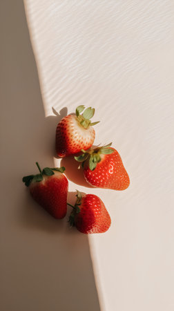 top view of fresh ripe strawberries on white surface with shadows, flat layの素材