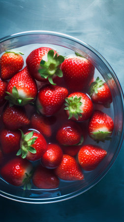 Strawberries in a glass bowl on a dark background. Toned.の素材