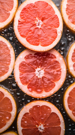 Slices of grapefruit in water on a black background.の素材