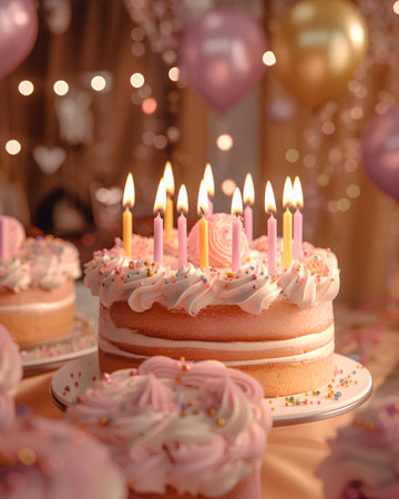 Birthday cake with burning candles on blurred background with bokehの素材