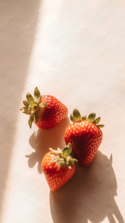 Strawberries on a white tablecloth in sunlight, close-upの素材