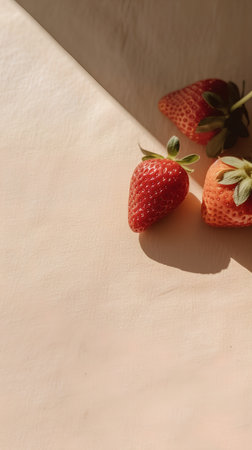 Strawberries on a beige background with a shadow from the sunの素材