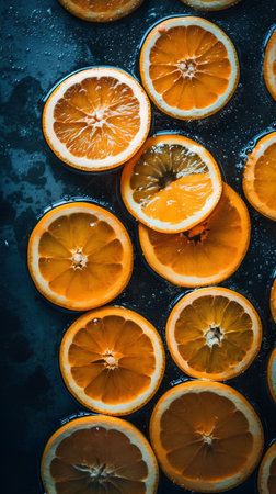 Slices of orange on a black background. Toned.の素材