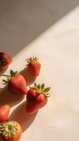 Strawberries on a wooden table. Strawberries are scattered on a light background.の素材