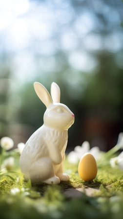 Easter bunny and easter egg on green grass background with copy spaceの素材