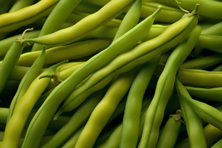 Green beans background. Close up of fresh green beans. Food backgroundの素材