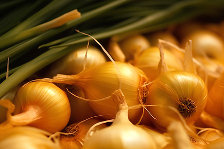 Fresh yellow onions background. Closeup. Shallow depth of field.の素材