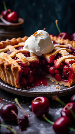 Delicious cherry pie with whipped cream on dark background. Selective focus.の素材