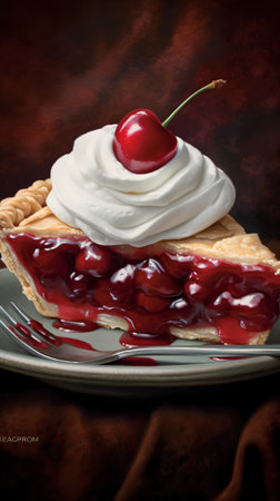 Delicious cherry pie with whipped cream and cherries on a dark backgroundの素材