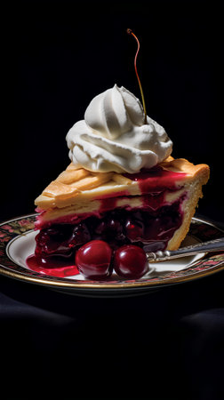 Belgian waffles with cherry and whipped cream on a black backgroundの素材