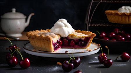 Cherry pie with whipped cream and fresh cherries on a dark backgroundの素材