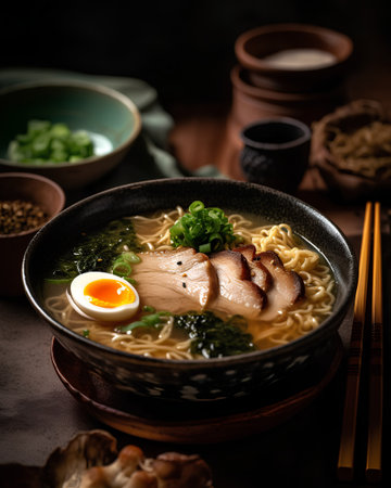 Japanese ramen noodle soup with pork and egg in ceramic bowlの素材