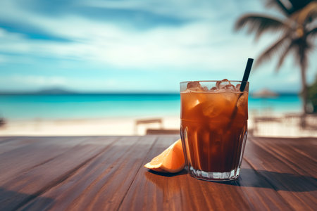 Glass of iced tea on a tropical beach with palm tree on the backgroundの素材
