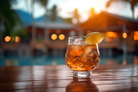 Cocktail with lime on a wooden table on the background of the pool.の素材