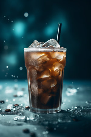 Cuba libre with ice cubes and straw on dark blue backgroundの素材