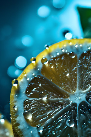 Citrus fruit. Slices of lemon and lime on a blue background.の素材