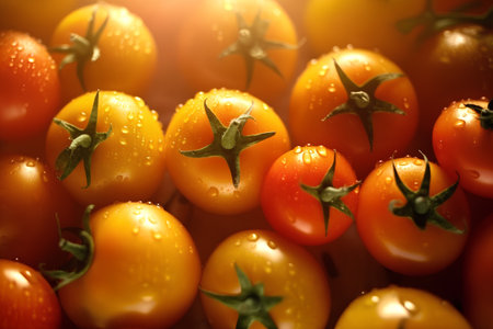 Close up of fresh cherry tomatoes with water drops. Selective focus.の素材