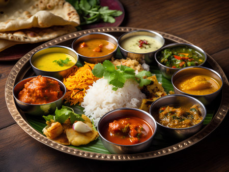 Assorted Indian food including chicken tikka masala, aloo bhujiya, sabzi, khaman dhokla, dahi vada, gathiya, palak paneer, chiwda, namkeen, rice and curry. Selective focusの素材