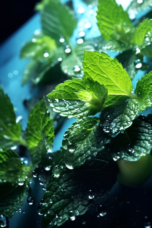 Fresh mint leaves with water drops on dark background. Shallow dof.の素材