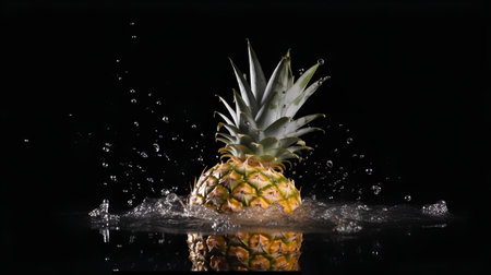 Pineapple splashing on a black background with water drops.の素材