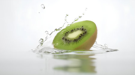 Kiwi fruit splashing in water on white background, isolatedの素材