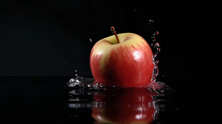 Red apple falling into water with splash on black background. Fresh fruitの素材