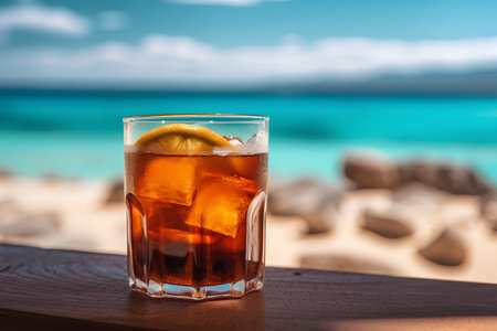 Cuba libre cocktail with lemon and ice on the tropical beachの素材