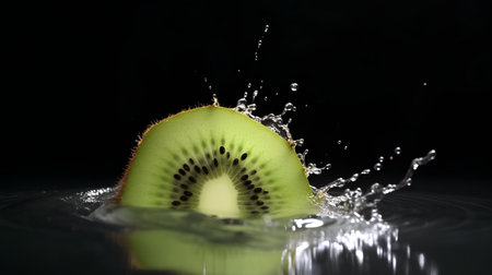 Kiwi fruit splashing in water on a black background.の素材