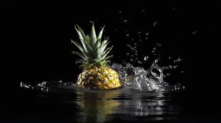 Pineapple splashing in water on a black background. Studio shot.の素材