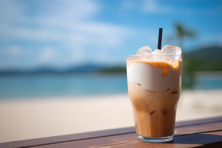 Iced coffee on the beach with blue sky and sea background.の素材
