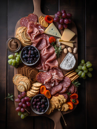 Antipasto platter with ham, salami, cheese, grapes and crackers on wooden background. Top viewの素材