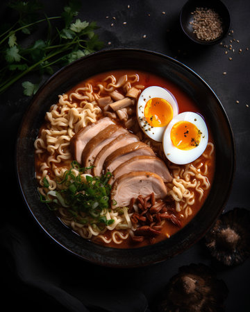Ramen soup with pork and egg on dark background, top viewの素材
