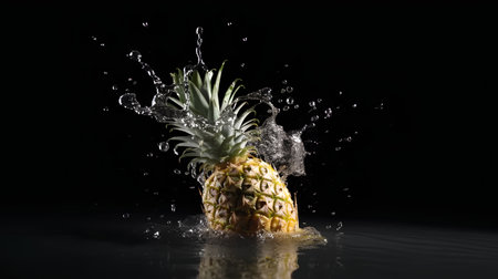 Pineapple with water splash isolated on black background. Fresh fruitの素材