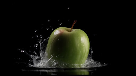 Water splash on green apple isolated on black background. Fresh fruit.の素材
