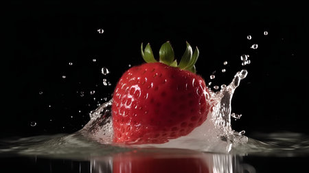 strawberry splashing in water on a black background. macroの素材