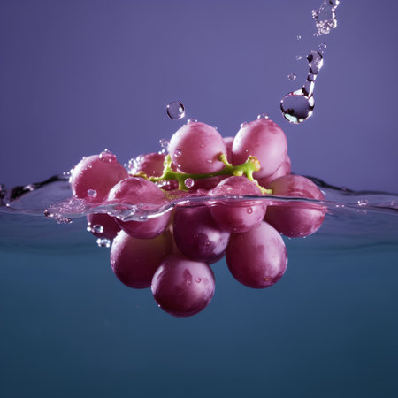 Grapes falling into water with splash on a blue background.の素材