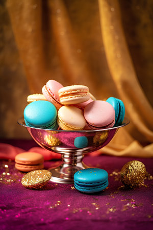 Colorful macaroons in a glass vase on a red backgroundの素材