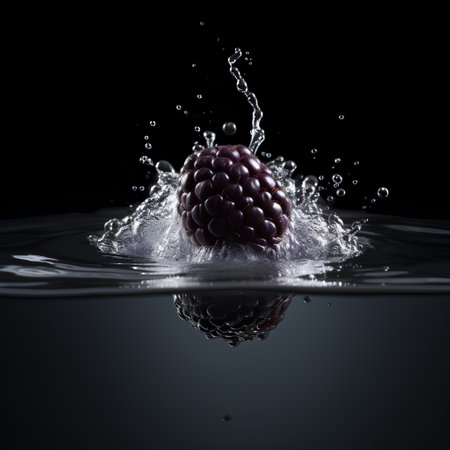Blackberry falling into water with splash, isolated on black background.の素材